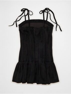 NWT American Eagle AE Velvet Bow Mini Dress Black Size L Tie Strap Ruffle Hem